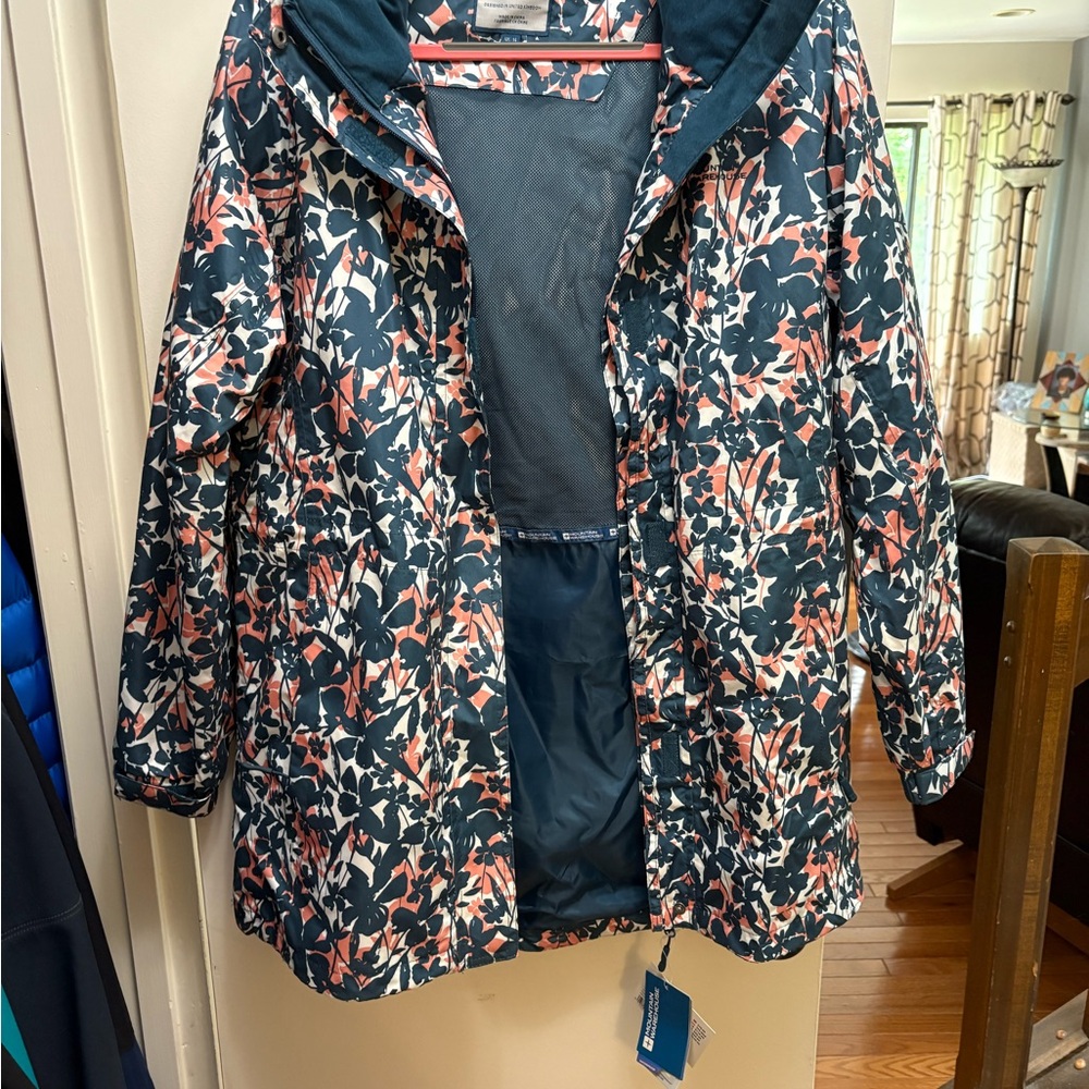 NWT Mountain Warehouse Waterproof Blue and Orange Raincoat with Hood and Zipper